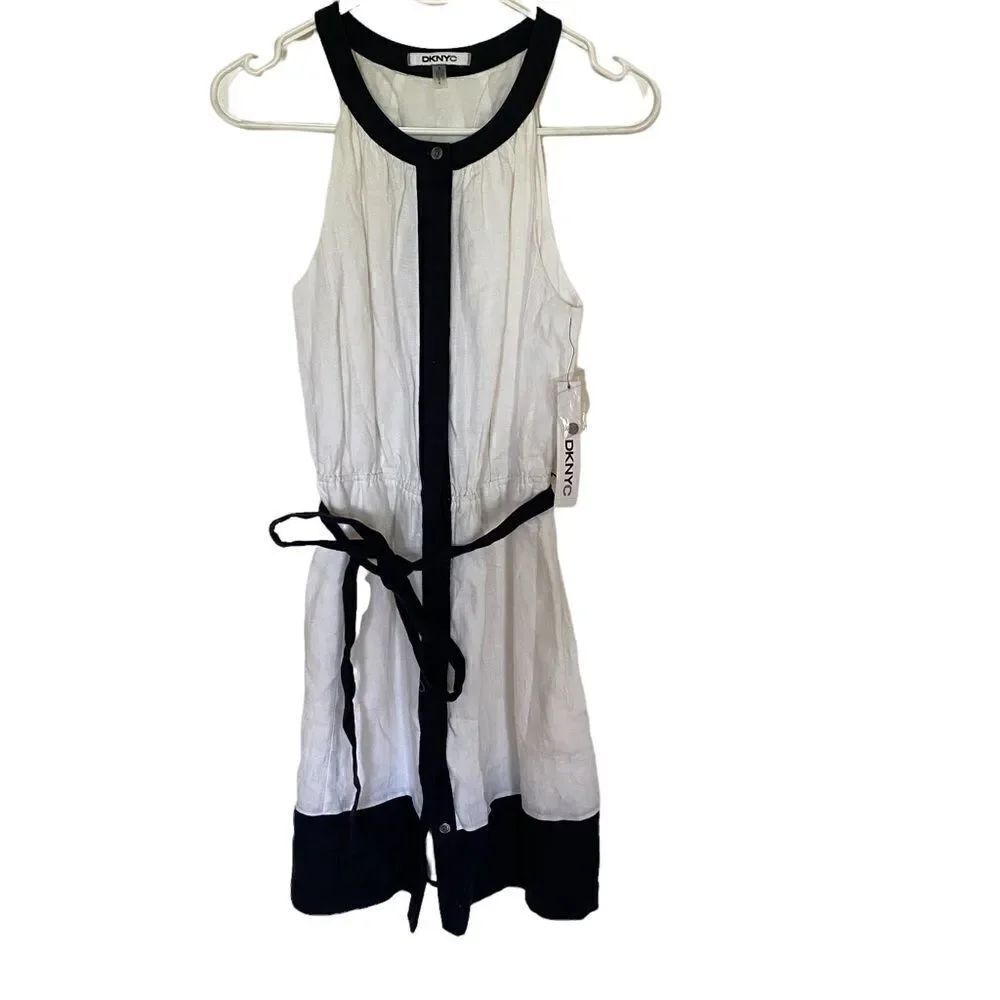 DKNYC NEW small white navy 100% linen belted sleeveless